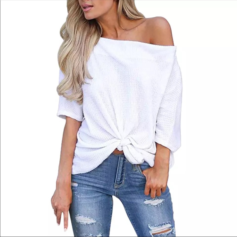 NEW!  Off Shoulder Thermal Waffle Knit Twist Top - Picture 3 of 8